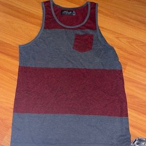 Medium red and dark gray tank top. Mid-2010s style. Retrofit
